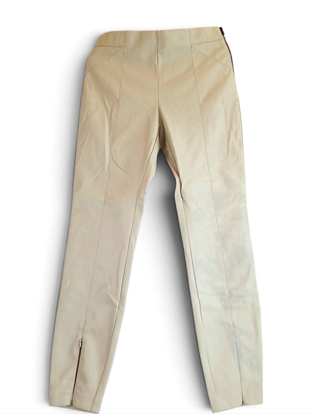 Zara Faux Leather Moti Skinny Beige Ankle Zip Trousers Sleek Modern Tan Cream L